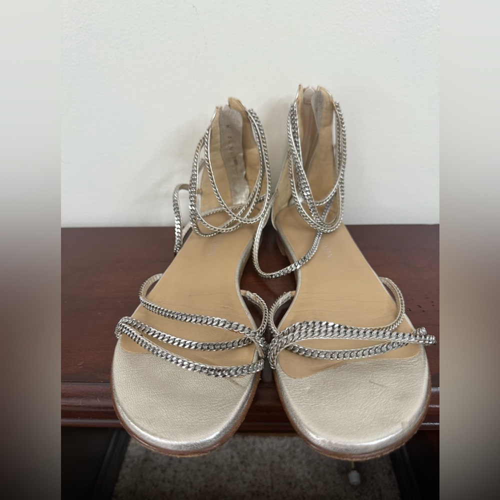 Stuart Weitzman “Chaindown” Metallic Silver Sandals with chain strap size 9